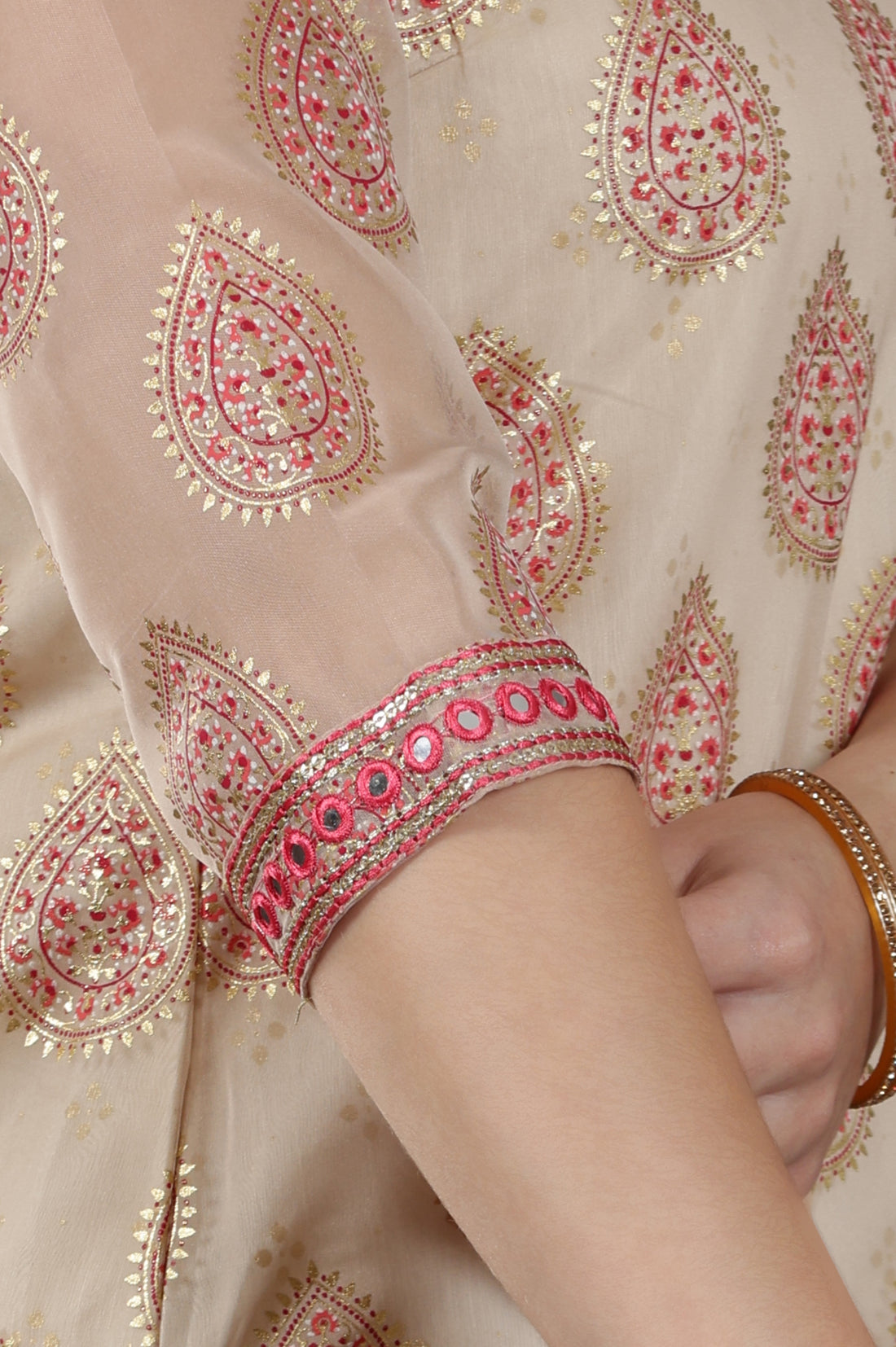 Cream Abstract Print Mirror Embroidered Straight Organza Kurta
