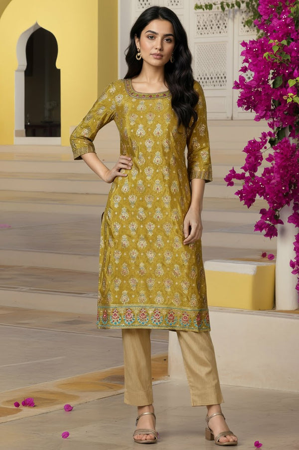 Green Foil Printed Straight Kurta with Zari Embroidery