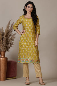 Green Printed Foil Print Zari Embroidered Straight Woven Kurta