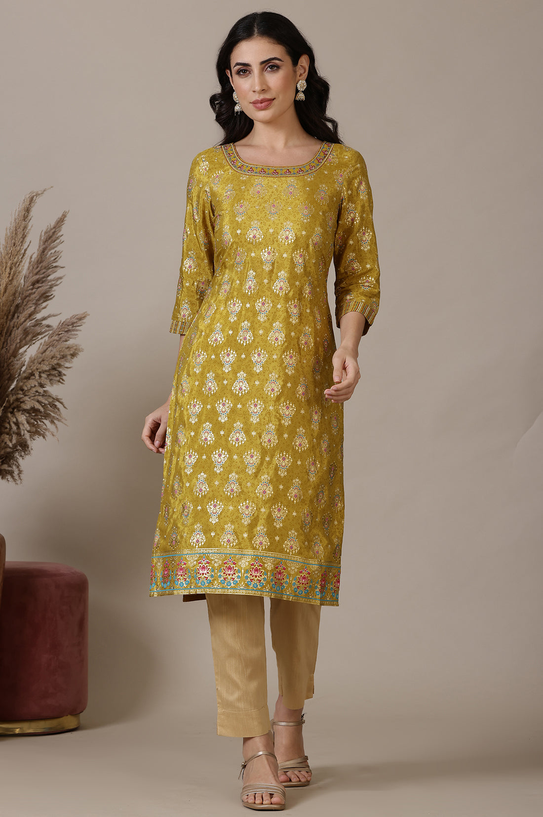 Green Printed Foil Print Zari Embroidered Straight Woven Kurta