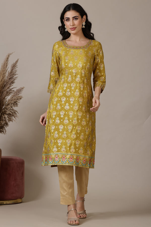 Green Printed Foil Print Zari Embroidered Straight Woven Kurta