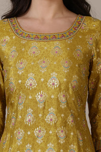 Green Printed Foil Print Zari Embroidered Straight Woven Kurta