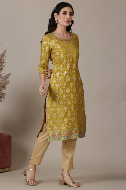 Green Foil Printed Straight Kurta with Zari Embroidery