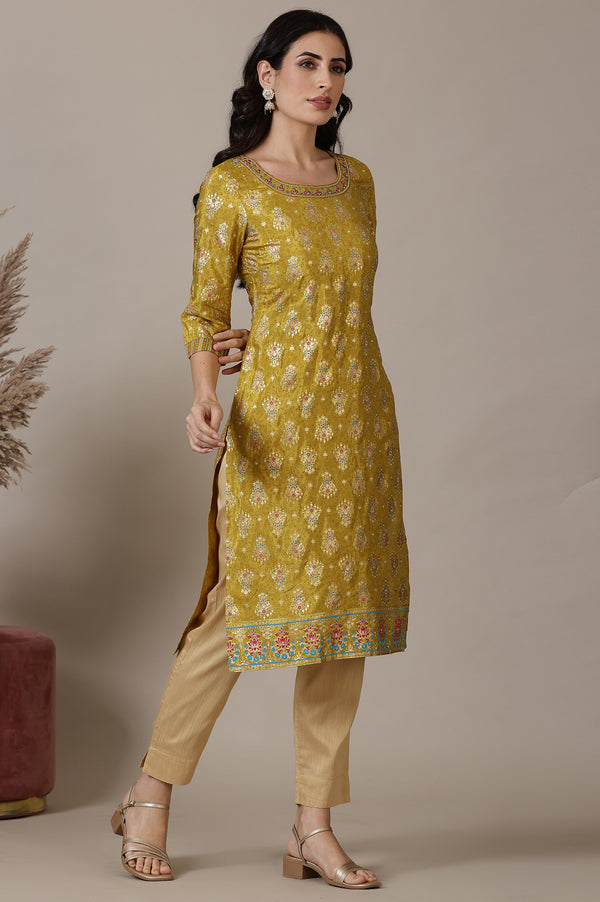 Green Printed Foil Print Zari Embroidered Straight Woven Kurta