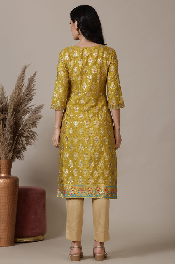 Green Printed Foil Print Zari Embroidered Straight Woven Kurta