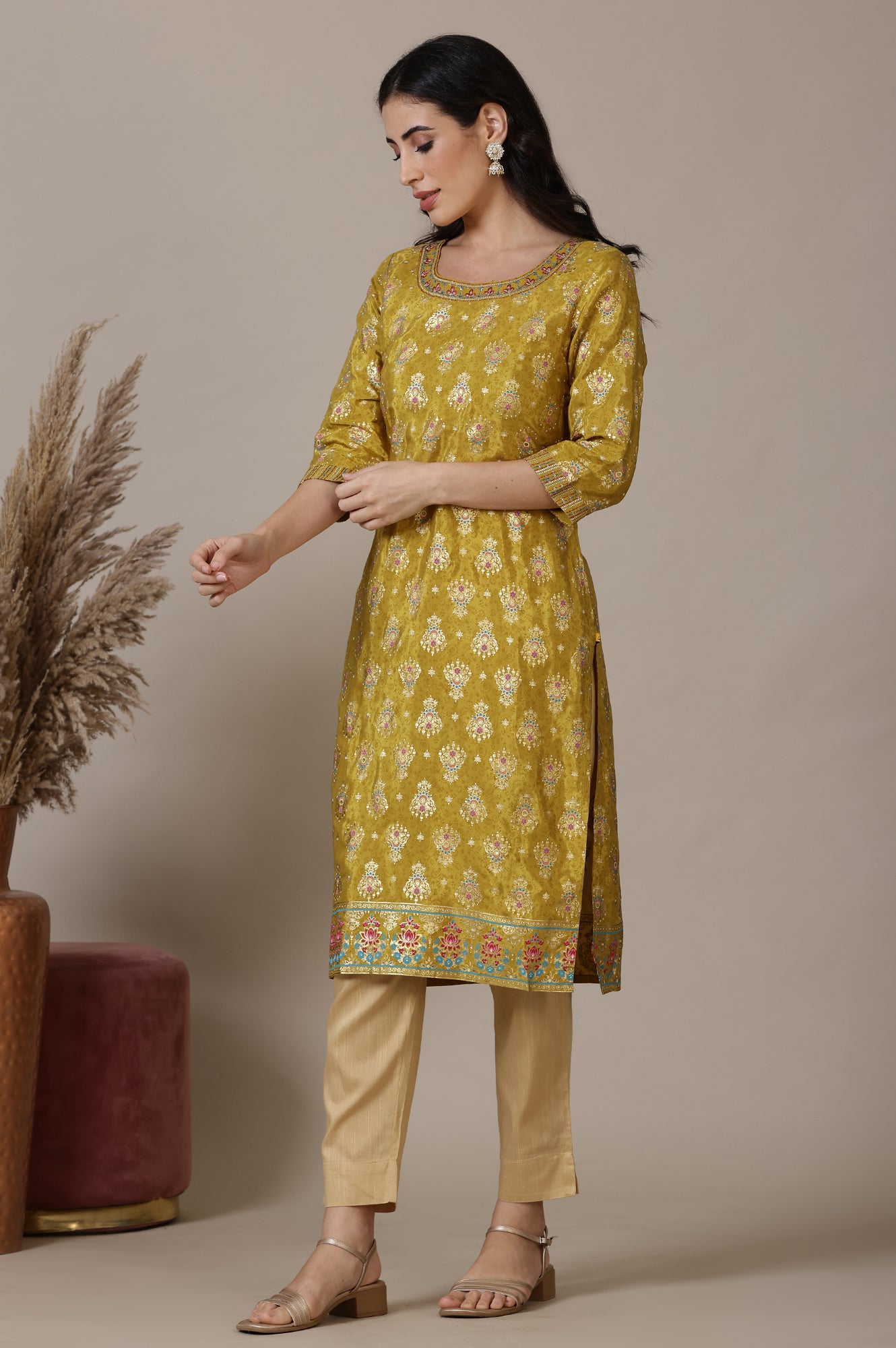 Green Foil Printed Straight Kurta with Zari Embroidery