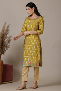 Green Printed Foil Print Zari Embroidered Straight Woven Kurta