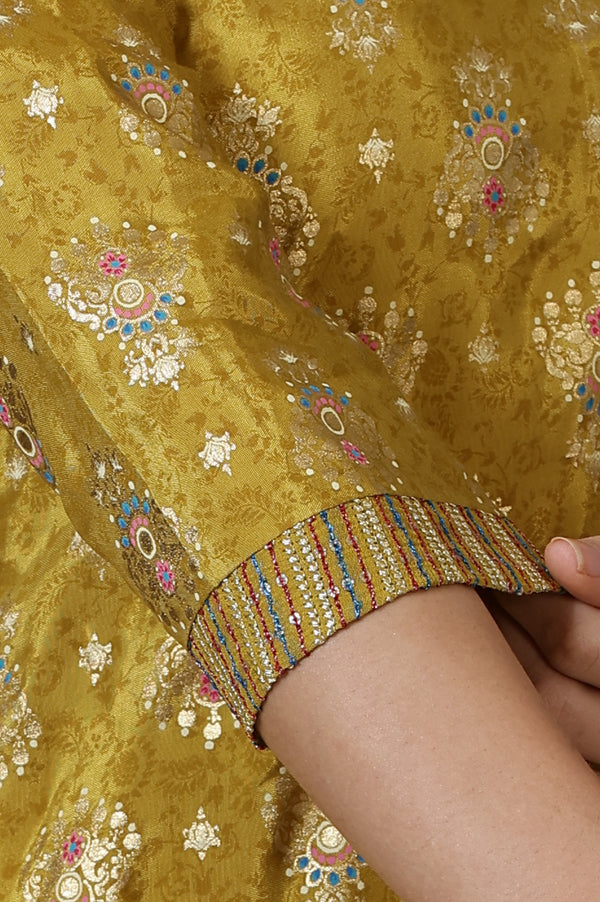 Green Printed Foil Print Zari Embroidered Straight Woven Kurta