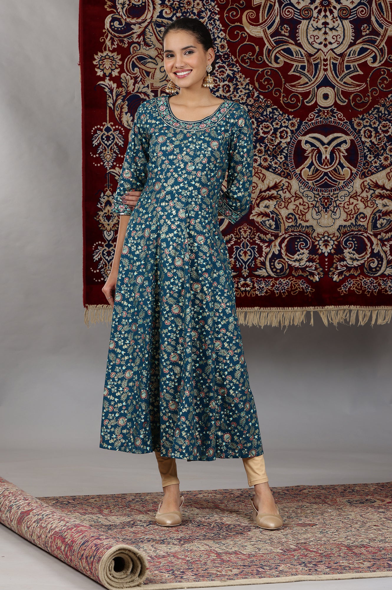 Corsair Blue Foil Floral Printed Pure Cotton Flared Kurta with Embroidered Neck