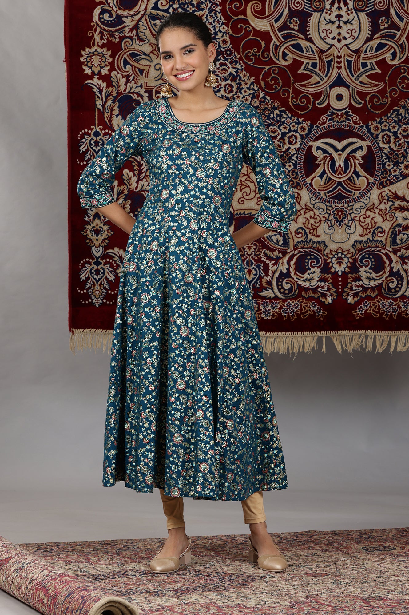 Corsair Blue Foil Floral Printed Pure Cotton Flared Kurta with Embroidered Neck