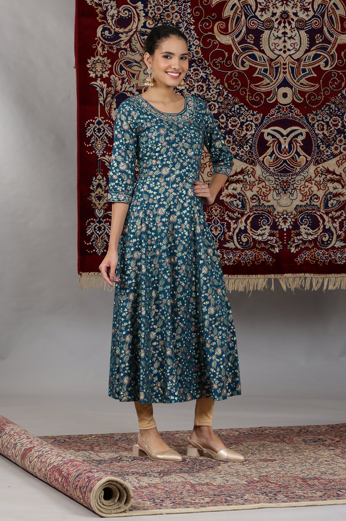 Corsair Blue Foil Floral Printed Pure Cotton Flared Kurta with Embroidered Neck