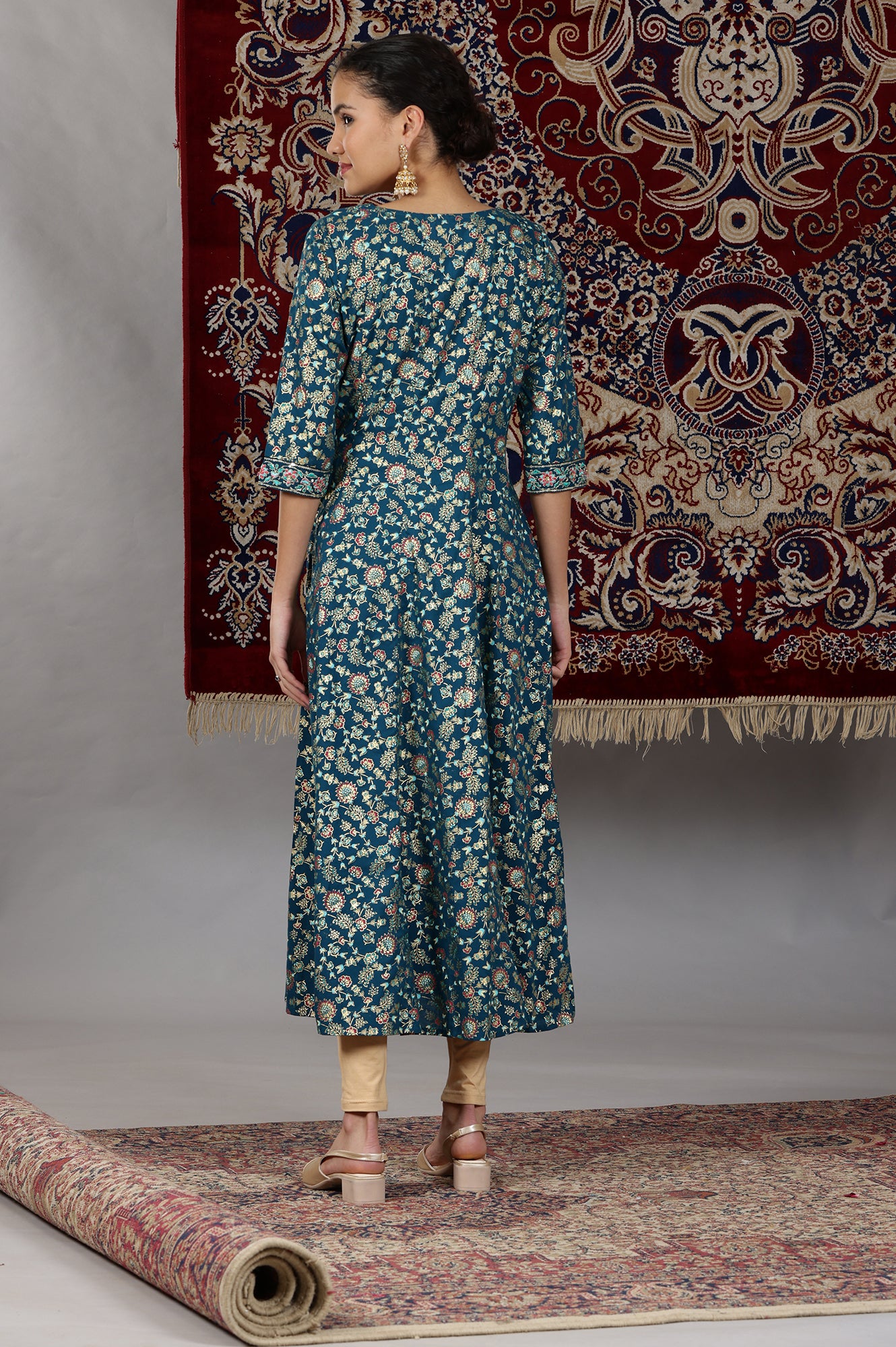 Corsair Blue Foil Floral Printed Pure Cotton Flared Kurta with Embroidered Neck