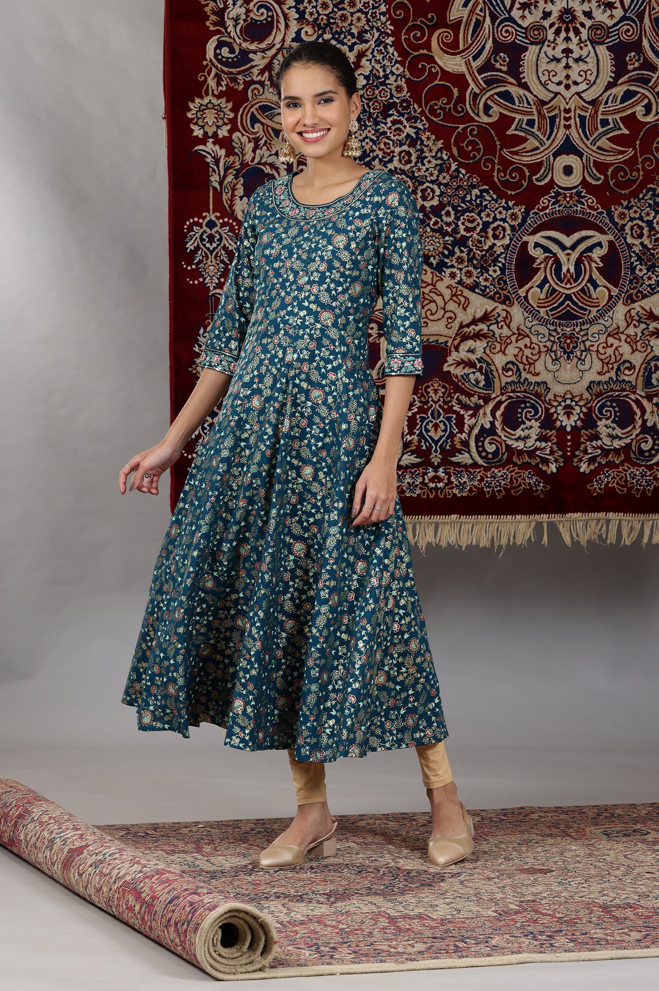 Corsair Blue Foil Floral Printed Pure Cotton Flared Kurta with Embroidered Neck