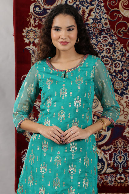 Spectra Green Floral Foil Printed Straight Kurta with Dori Embroidery