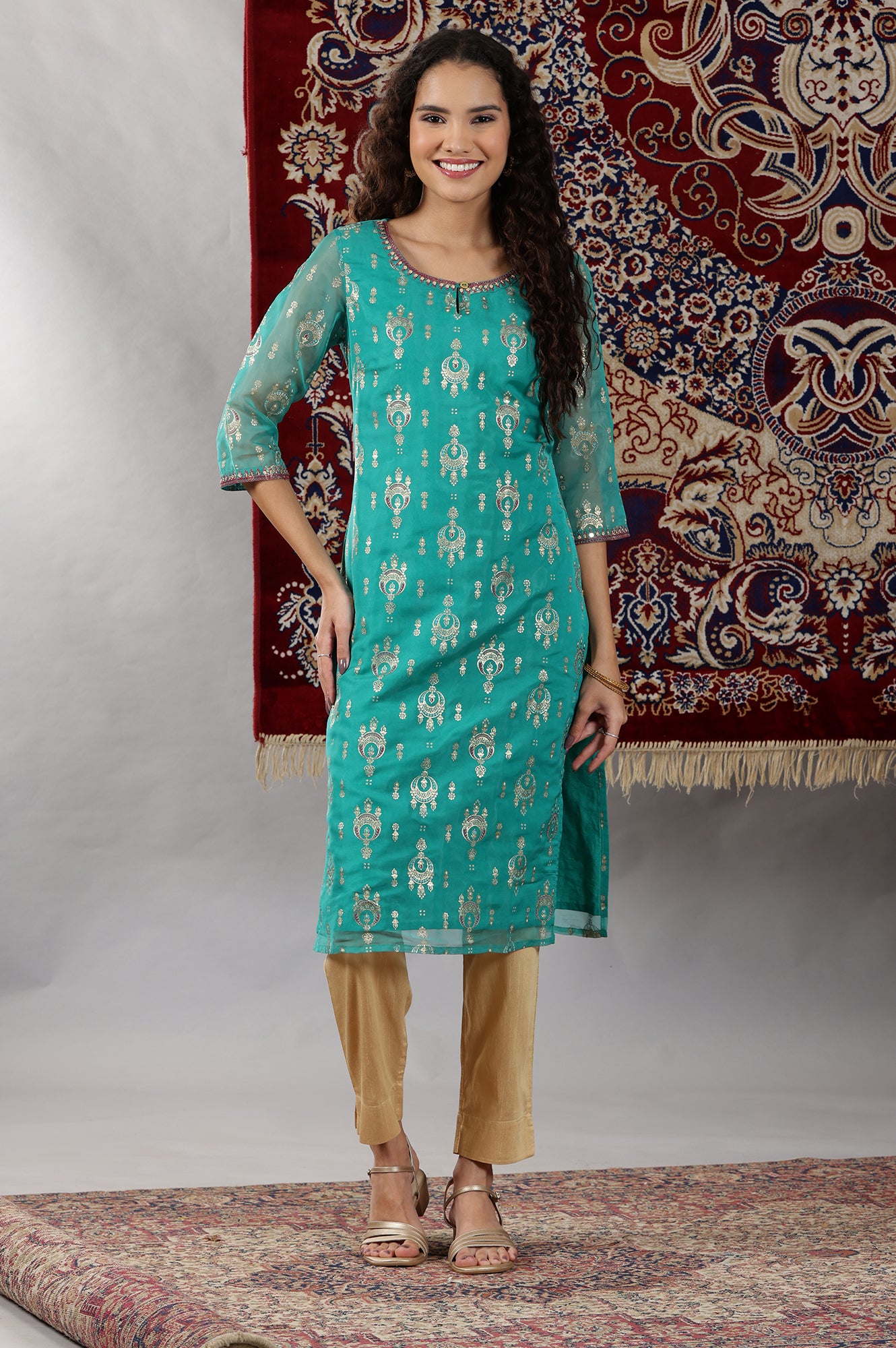 Spectra Green Floral Foil Printed Straight Kurta with Dori Embroidery