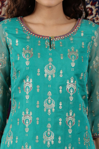 Spectra Green Floral Foil Printed Straight Kurta with Dori Embroidery