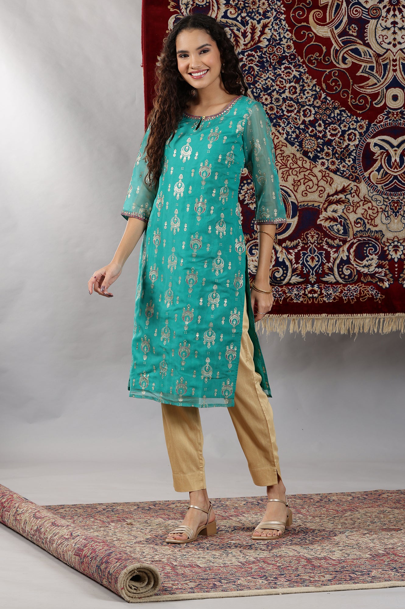 Spectra Green Floral Foil Printed Straight Kurta with Dori Embroidery