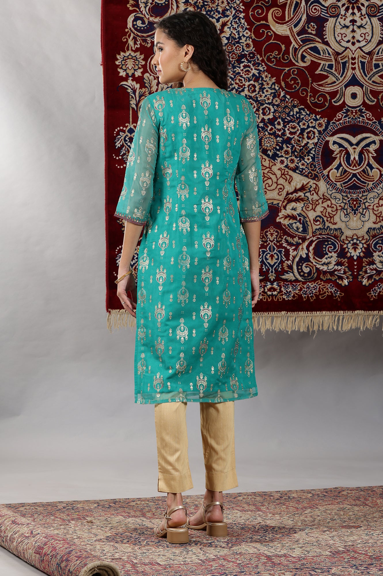 Spectra Green Floral Foil Printed Straight Kurta with Dori Embroidery