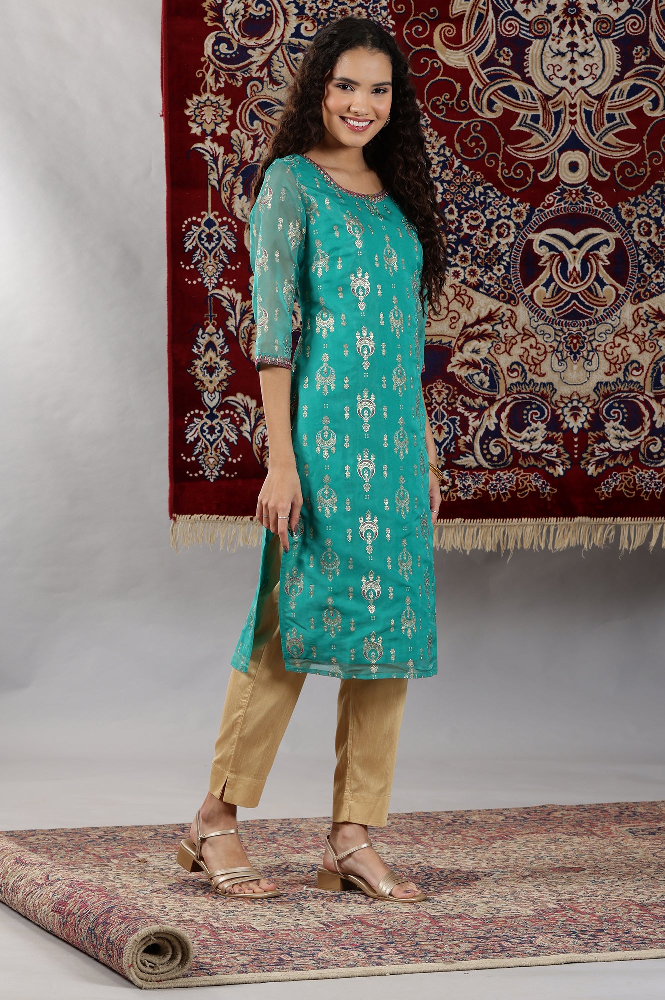 Spectra Green Floral Foil Printed Straight Kurta with Dori Embroidery