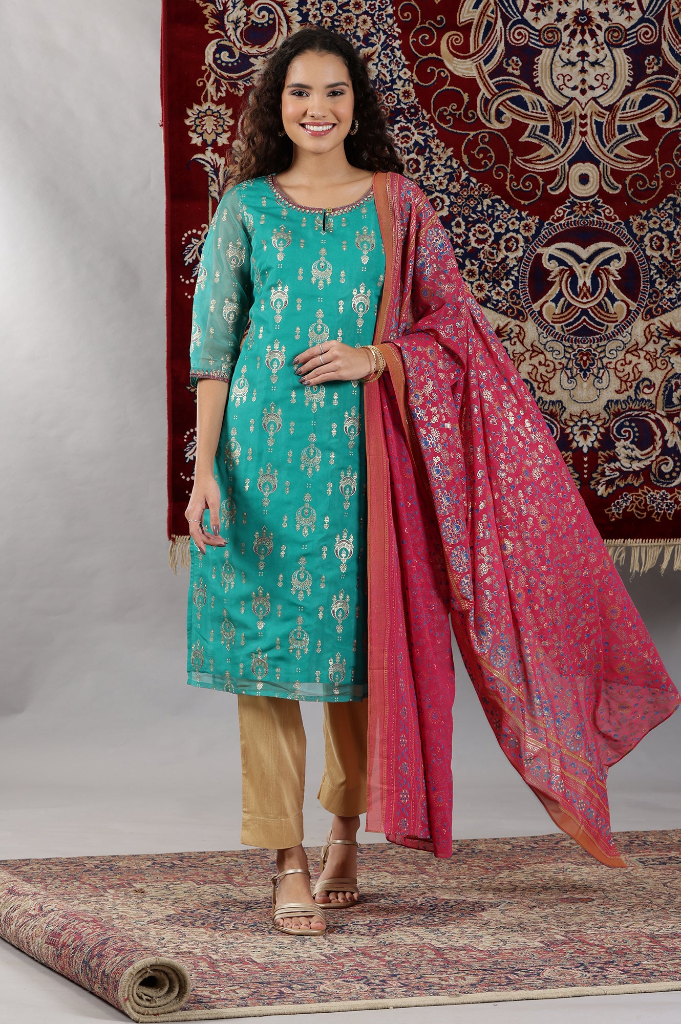 Spectra Green Floral Foil Printed Straight Kurta with Dori Embroidery