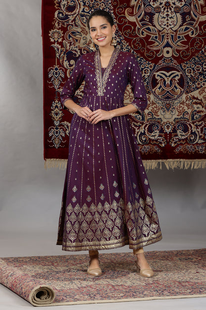 Plum Purple Floral Gold Printed Flared Kalidar Kurta