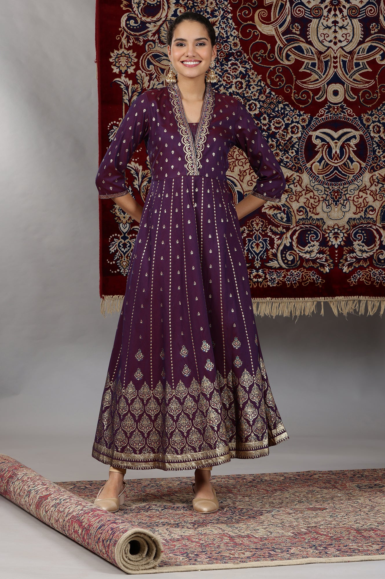 Plum Purple Floral Gold Printed Flared Kalidar Kurta