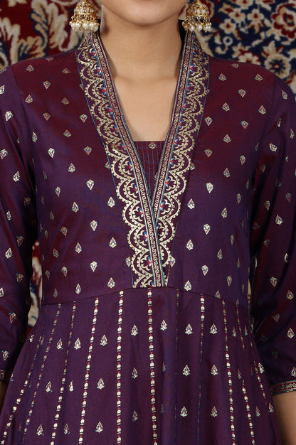 Plum Purple Floral Gold Printed Flared Kalidar Kurta