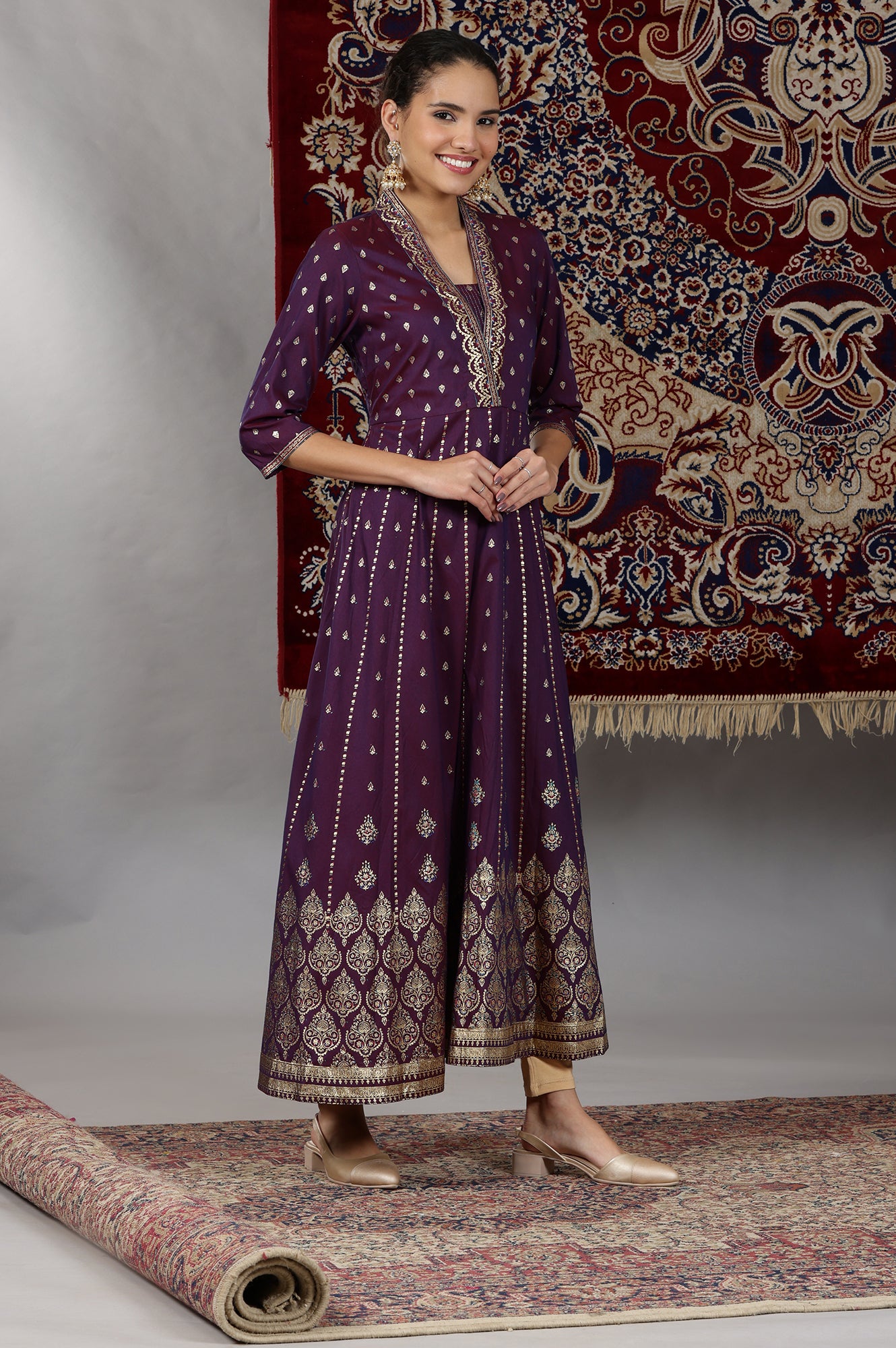 Plum Purple Floral Gold Printed Flared Kalidar Kurta