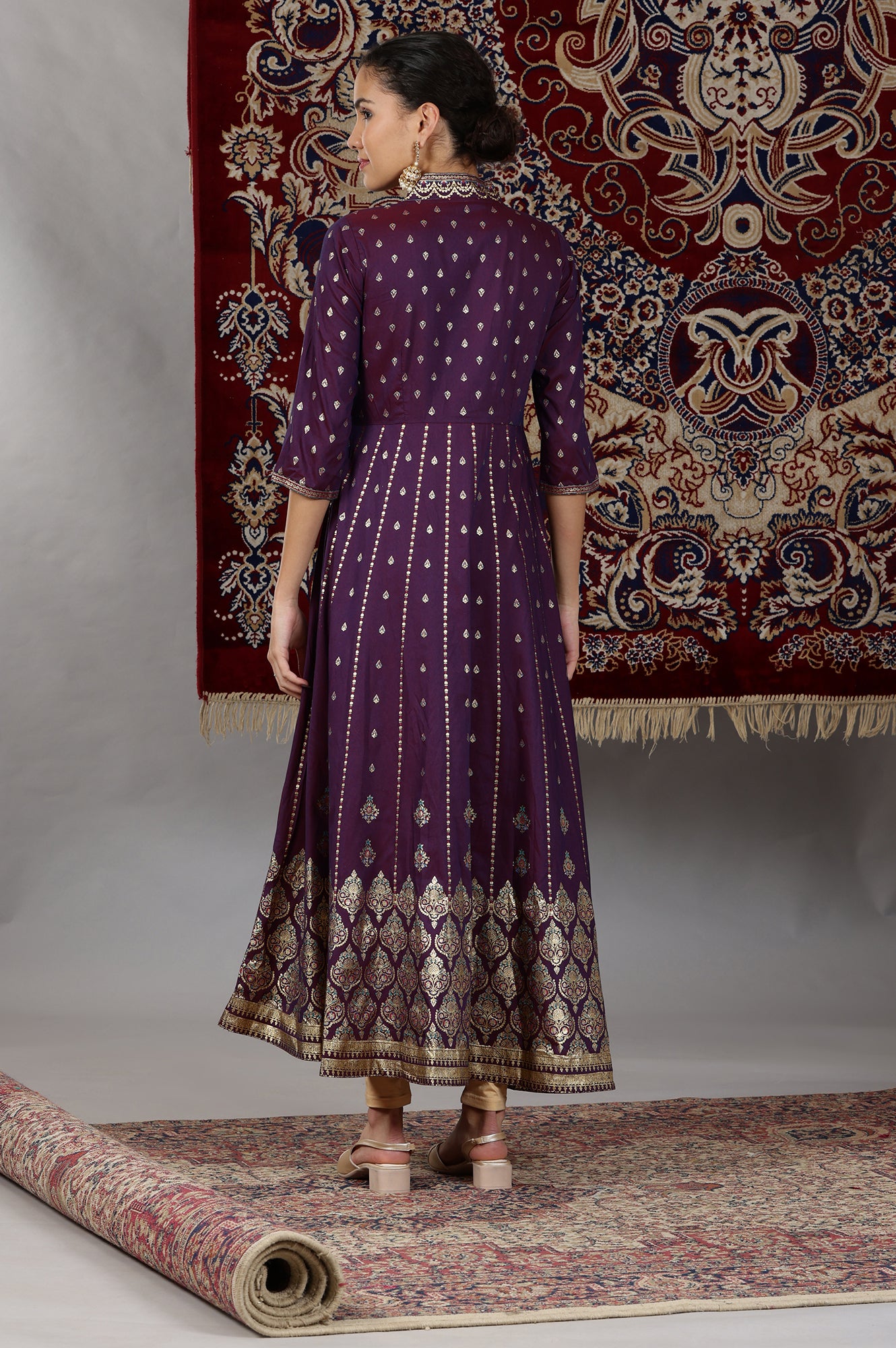 Plum Purple Floral Gold Printed Flared Kalidar Kurta