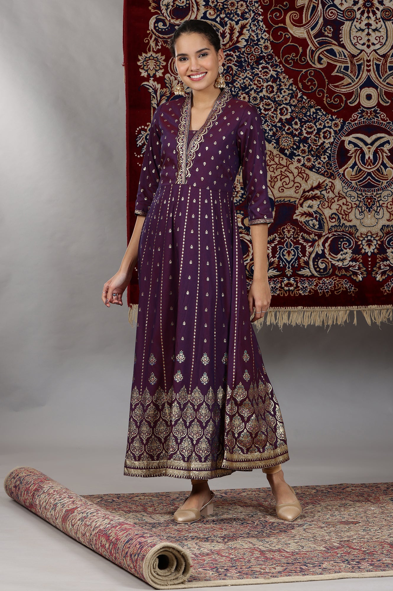 Plum Purple Floral Gold Printed Flared Kalidar Kurta