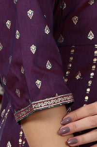 Plum Purple Floral Gold Printed Flared Kalidar Kurta