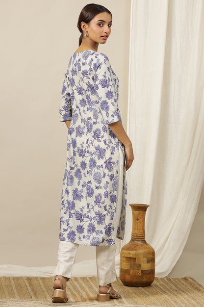 Light Beige Floral Printed Cotton Shimmer Straight Kurta with Neck Metal Clasp