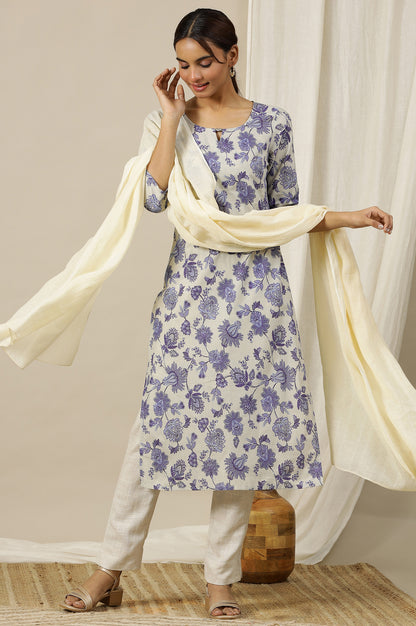 Light Beige Floral Printed Cotton Shimmer Straight Kurta with Neck Metal Clasp