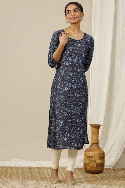 Blue Floral Printed Cotton Shimmer Straight Kurta with Neck Metal Clasp