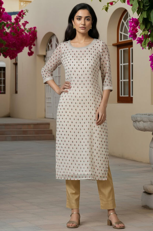 Off White Foil Printed Kurta in Silver Chiffon Fabric