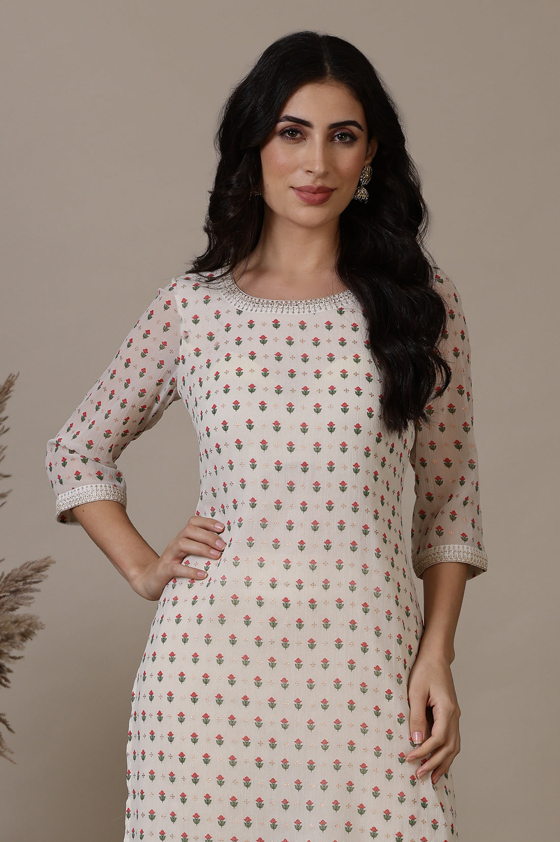 Off White Floral Foil Printed Sequined Straight Chiffon Kurta