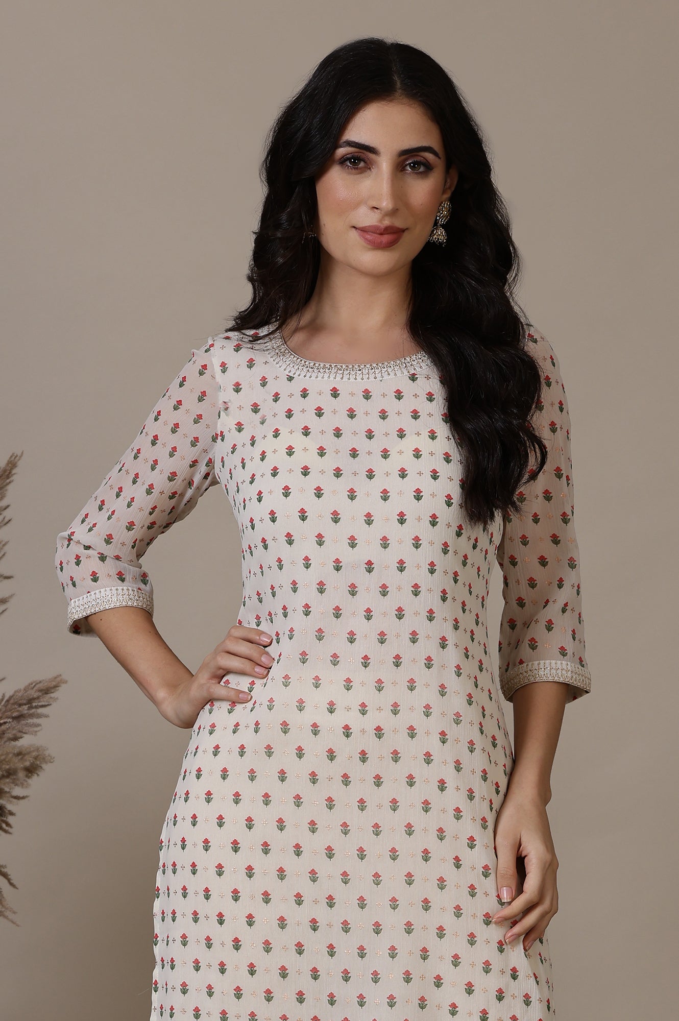 Off White Floral Foil Printed Sequined Straight Chiffon Kurta