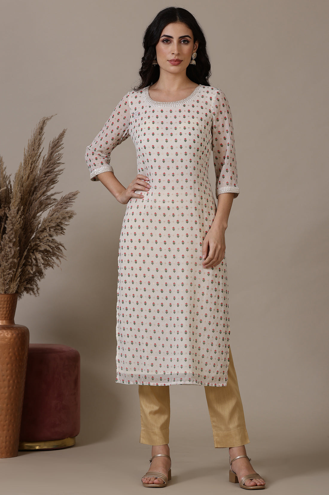 Off White Floral Foil Printed Sequined Straight Chiffon Kurta