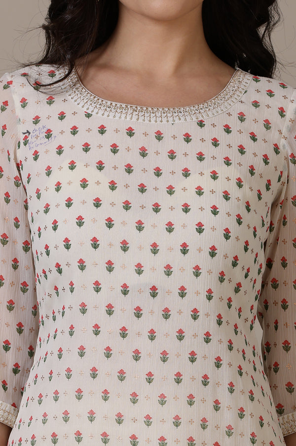 Off White Floral Foil Printed Sequined Straight Chiffon Kurta