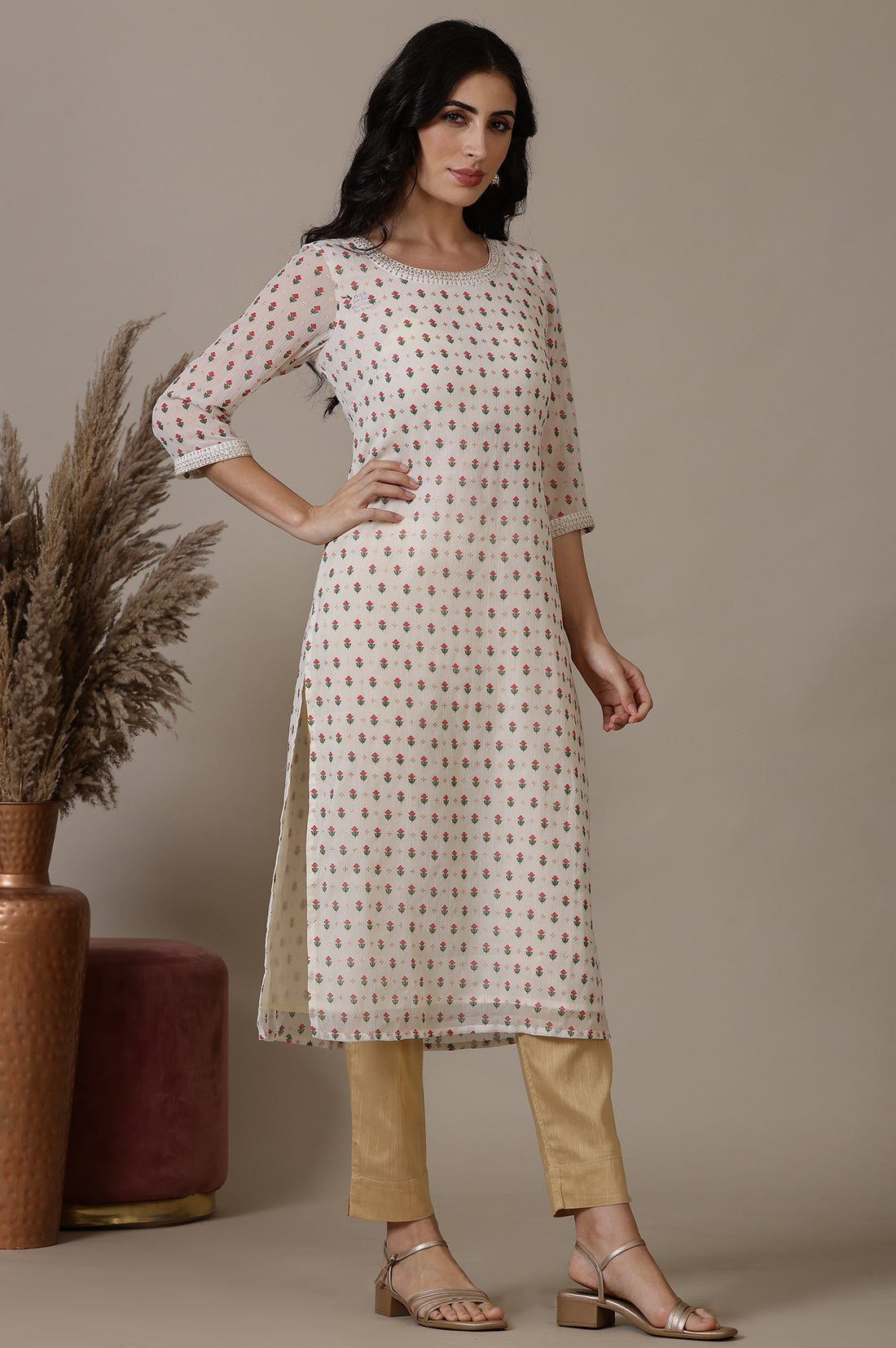 Off White Floral Foil Printed Sequined Straight Chiffon Kurta