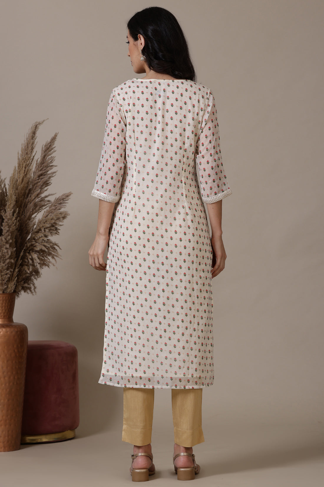 Off White Floral Foil Printed Sequined Straight Chiffon Kurta