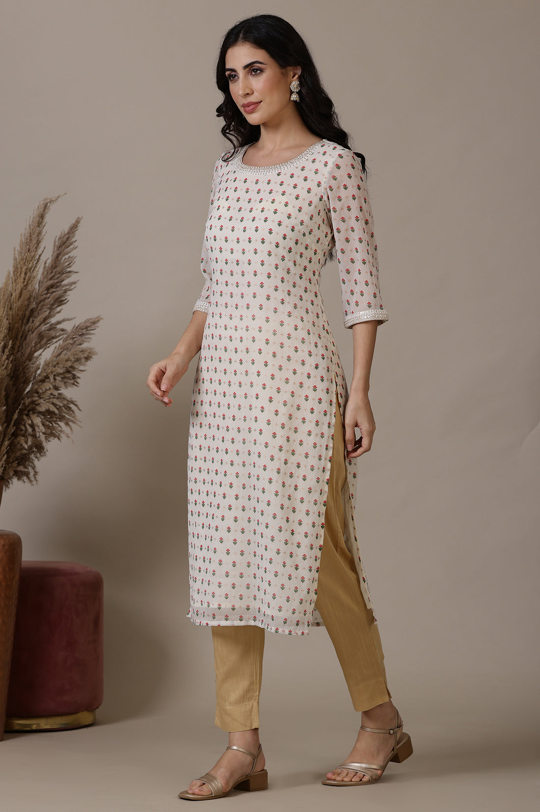 Off White Floral Foil Printed Sequined Straight Chiffon Kurta
