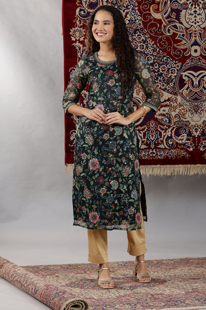 Black Floral Printed Straight Kota Kurta with Embroidered Neckline