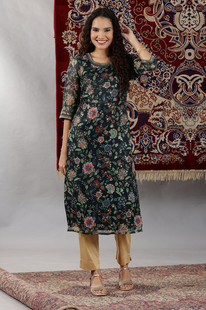 Black Floral Printed Straight Kota Kurta with Embroidered Neckline