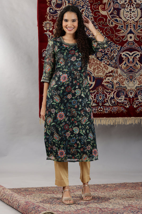 Black Floral All-Over Print Sequined Straight Kota Kurta