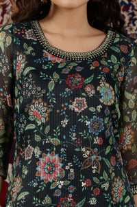 Black Floral All-Over Print Sequined Straight Kota Kurta