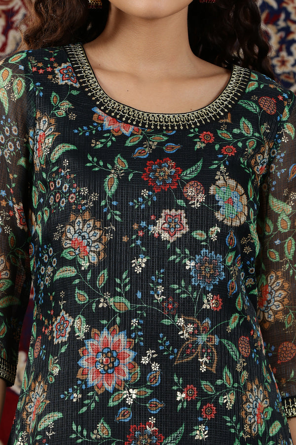 Black Floral All-Over Print Sequined Straight Kota Kurta