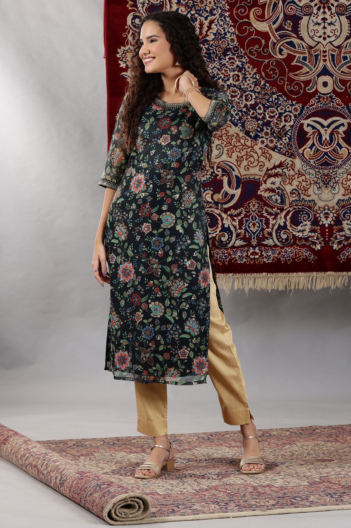 Black Floral Printed Straight Kota Kurta with Embroidered Neckline