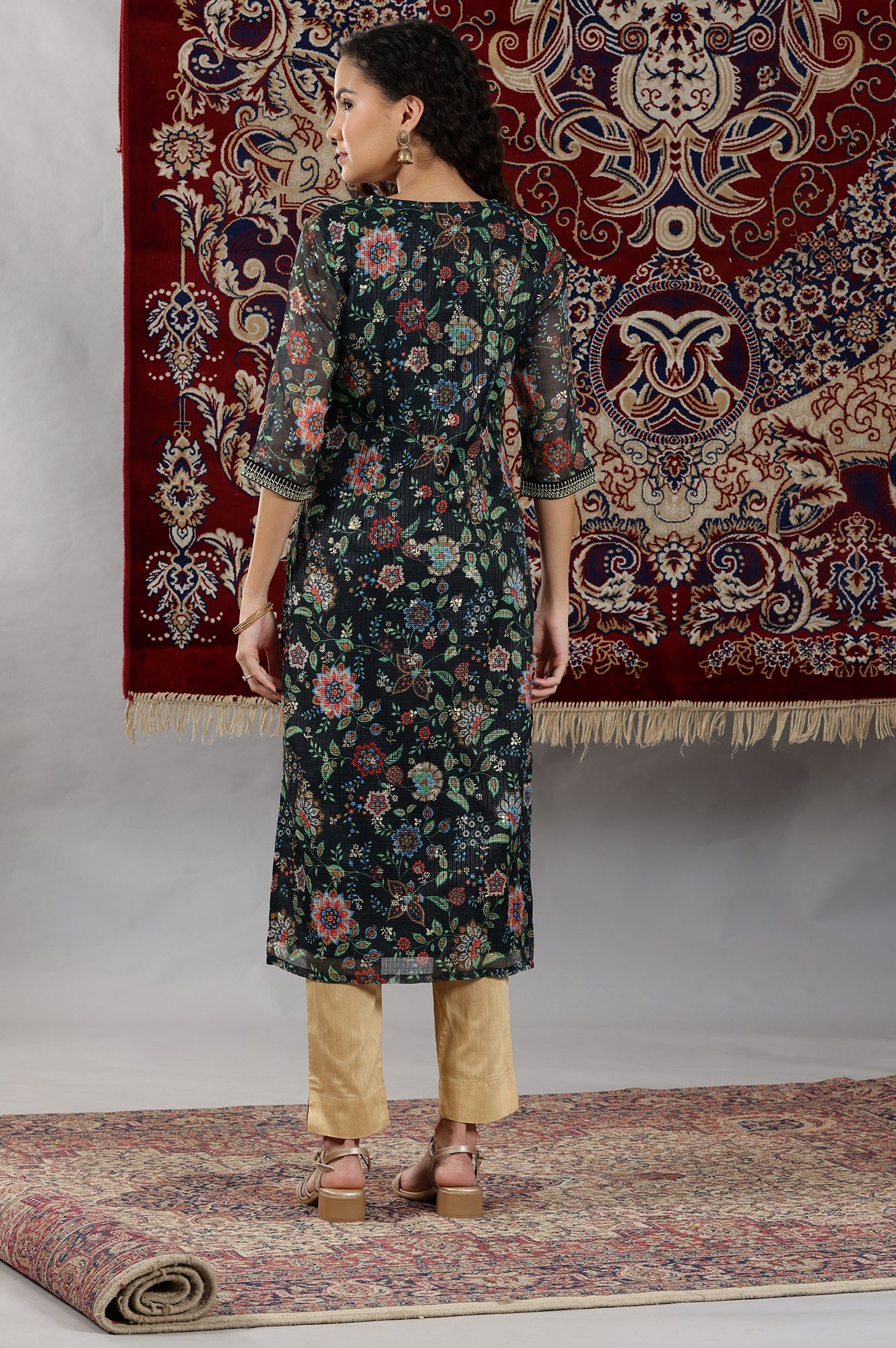 Black Floral Printed Straight Kota Kurta with Embroidered Neckline