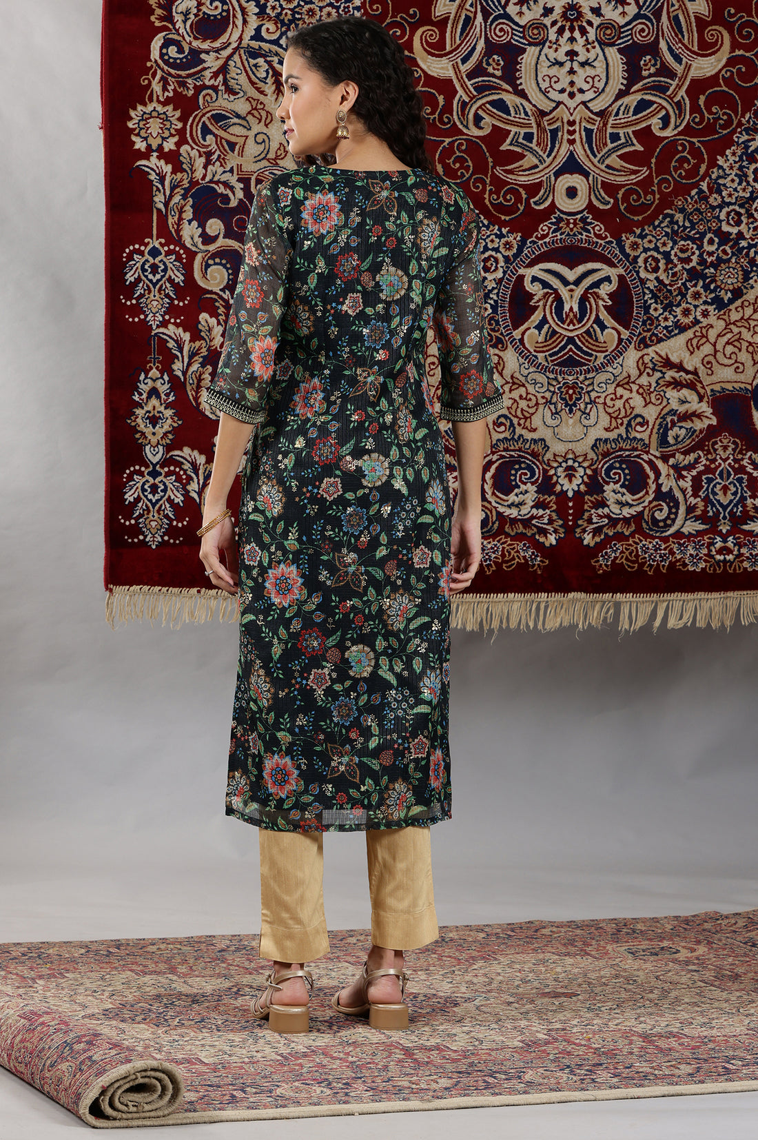 Black Floral All-Over Print Sequined Straight Kota Kurta